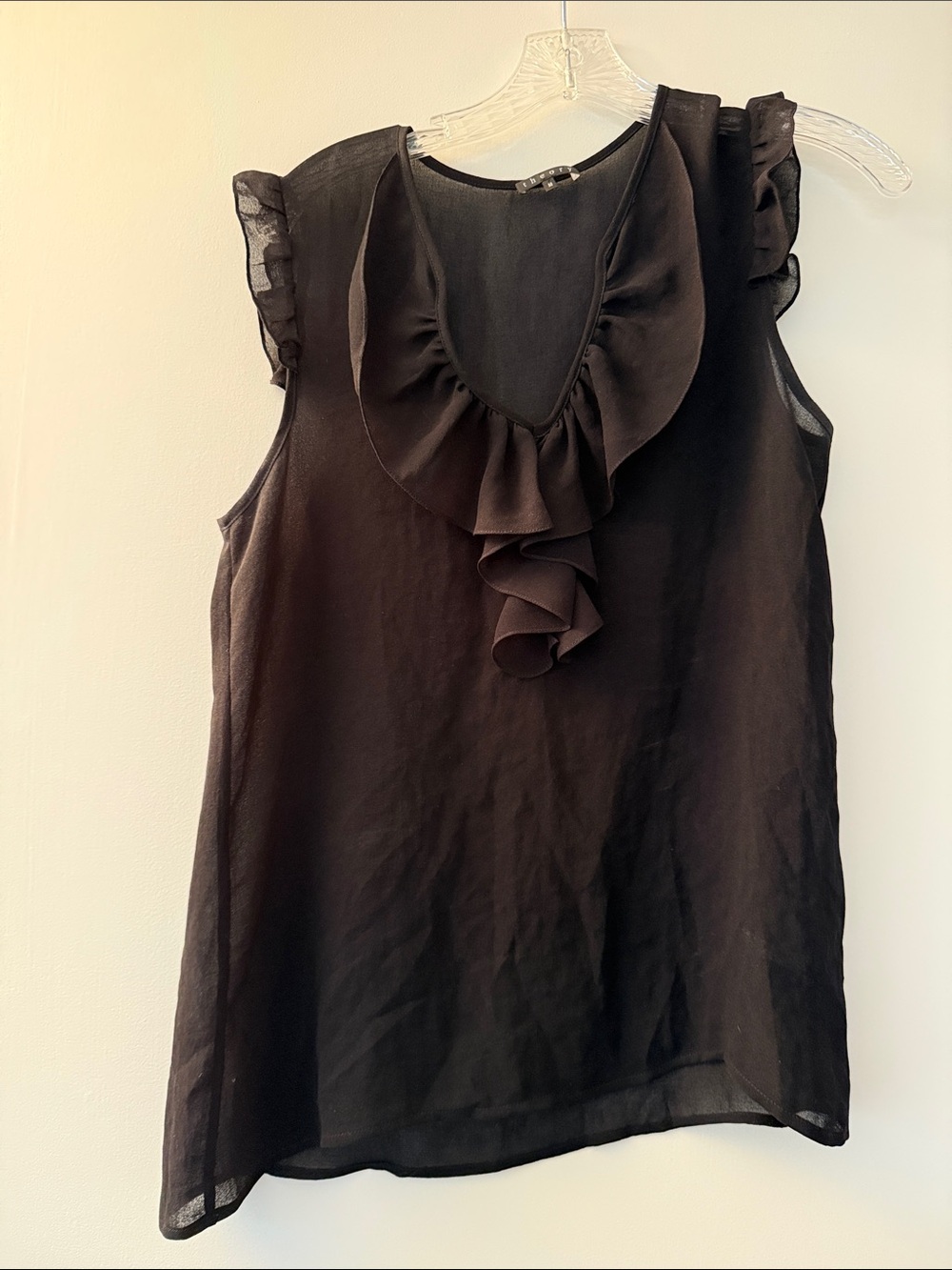 Theory Black Ruffle V-Neck silk Women's Top - Size M